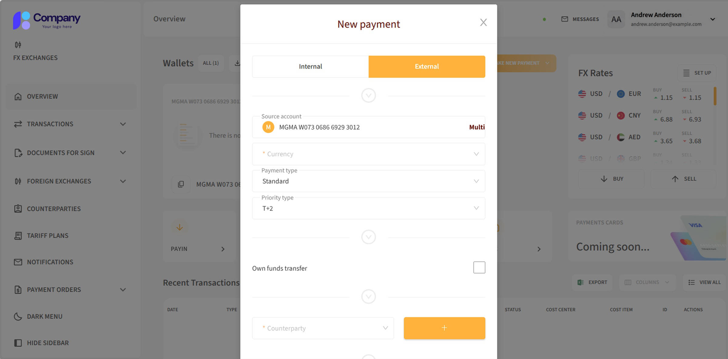 An outgoing payment — internal or external, in any currency the wallet holds.