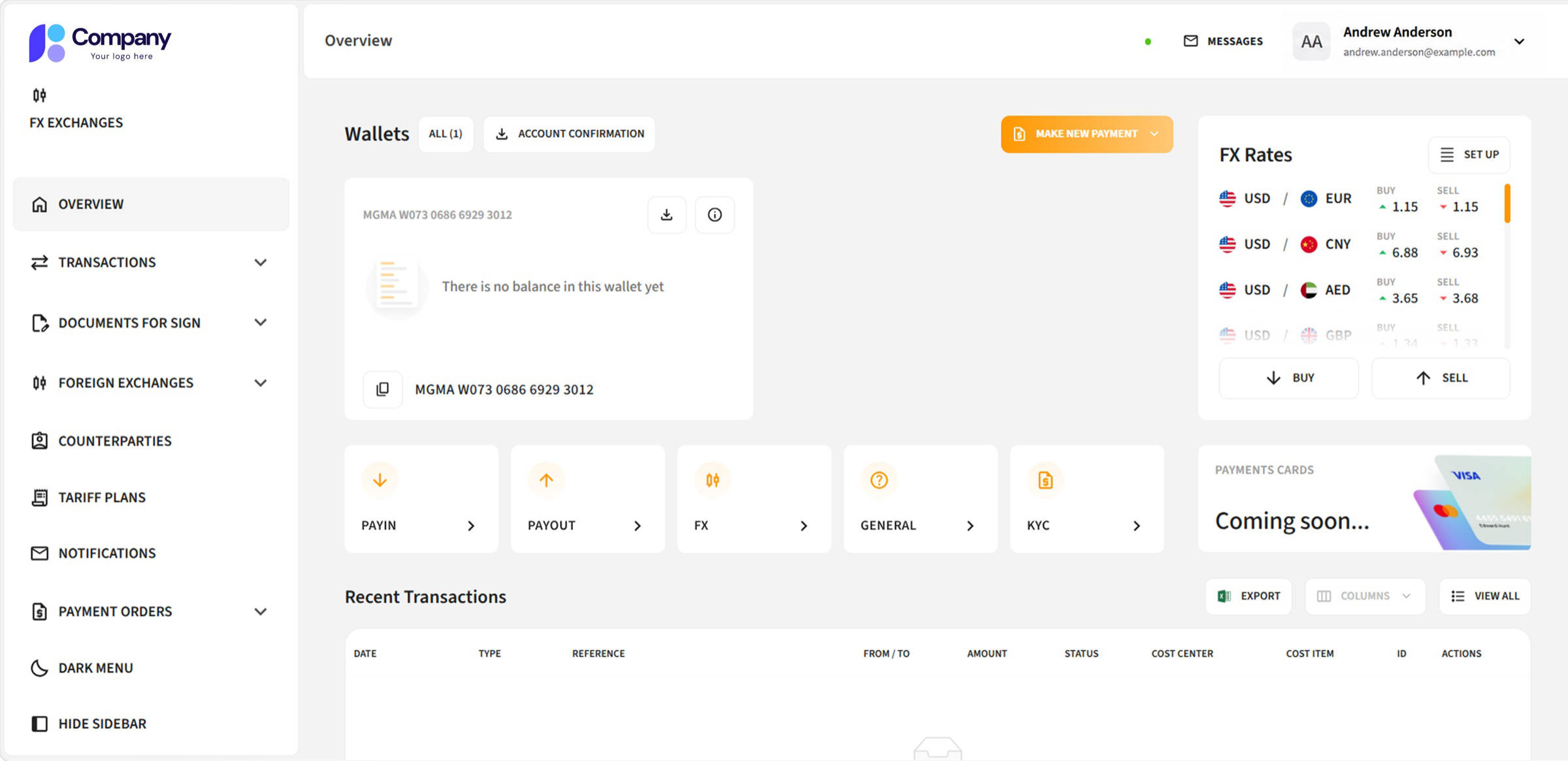Wallets, live FX rates and the pay-in / pay-out shortcuts — under your logo, on your domain.